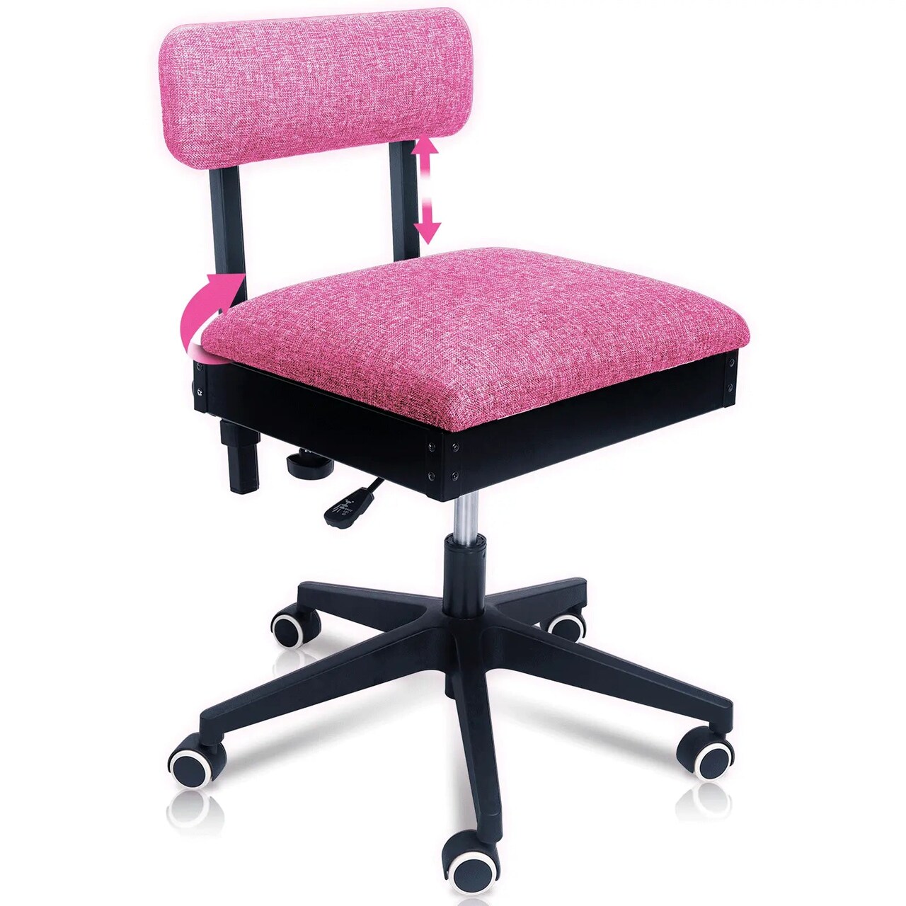 Pink Power Pink Sewing Chair with Wheels and Adjustable Back Support - Hydraulic Armless Sewing Machine Chair for Crafting, Quilting - Room Furniture - Ergonomically Designed Professional Craft Chair